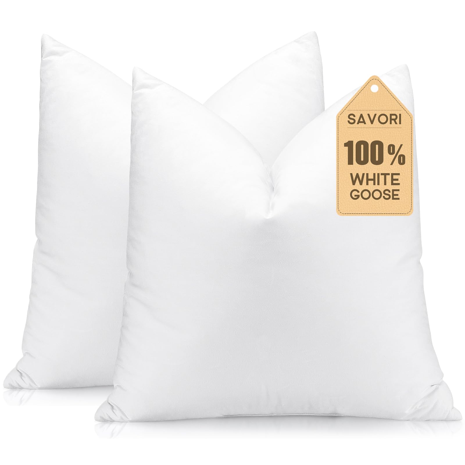 SAVORI front view of two 20x20 inserts showing clean white finish and benefit of full pillows