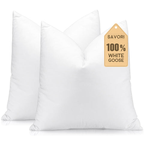 SAVORI front view of two 20x20 inserts showing clean white finish and benefit of full pillows