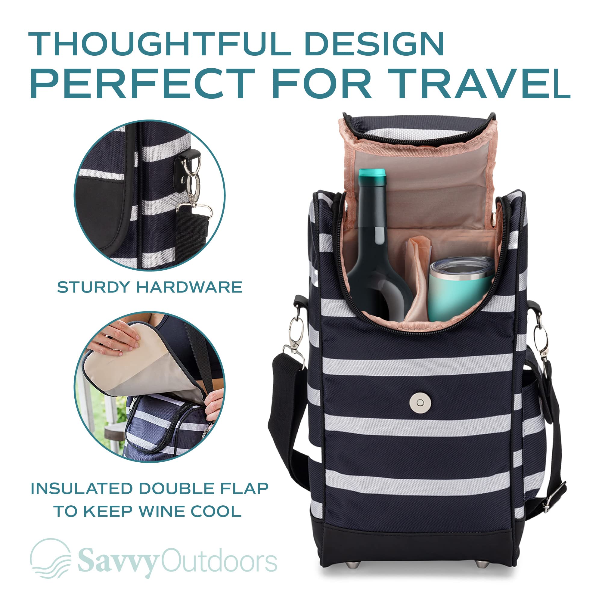 One Savvy Girl exterior pouch open with corkscrew and phone for organized storage