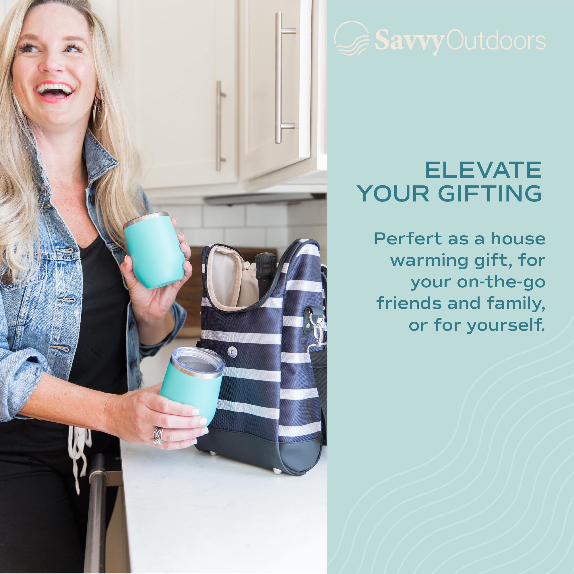 One Savvy Girl tote beside water bottle to show compact size and portability benefit