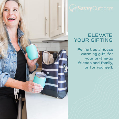 One Savvy Girl tote beside water bottle to show compact size and portability benefit