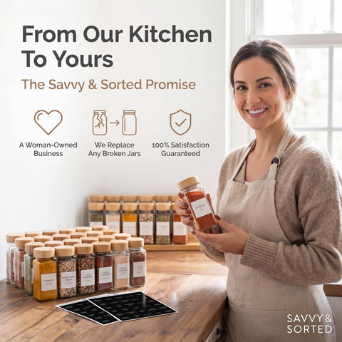 SAVVY & SORTED jars organized in a spice drawer, space‑saving and visible