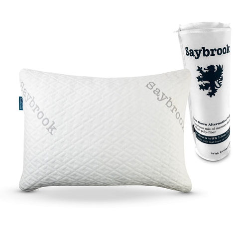 Saybrook pillow front packaging showing brand and clean design for easy selection