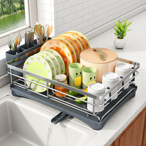 SAYZH dish rack front view showing organized plates and glasses and neat drying
