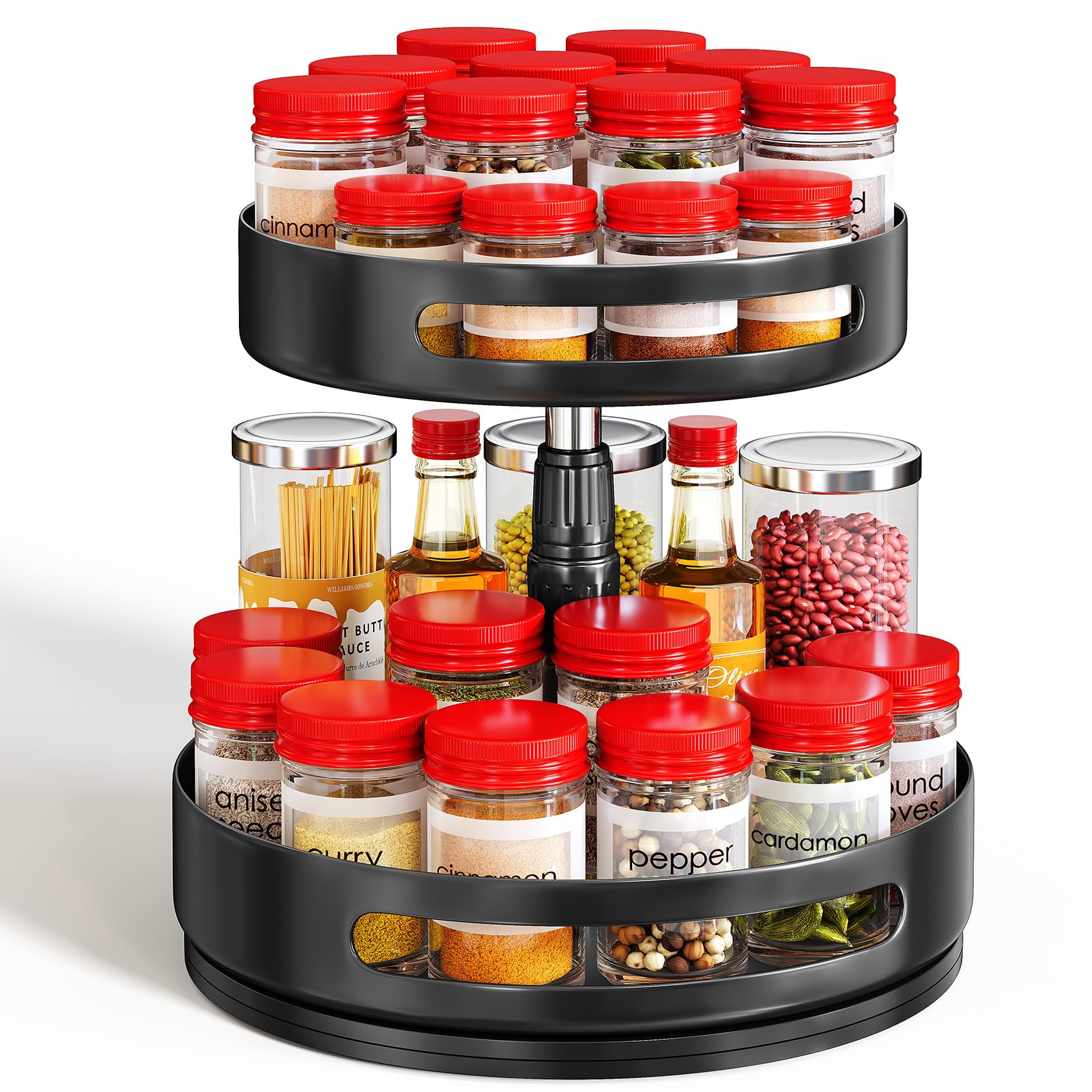 SAYZH front view of 2-tier spice rack showing organized bottles and space saving benefit