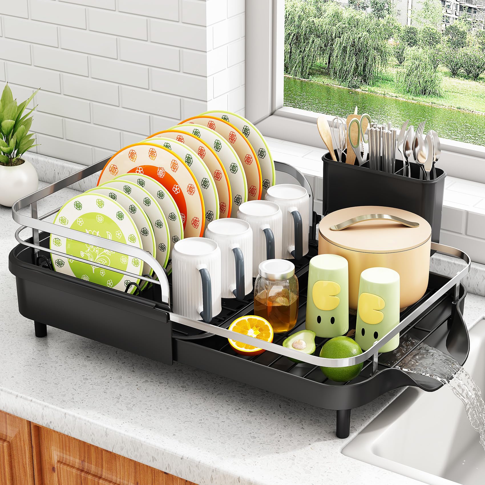 SAYZH front view showing compact expanded rack and organized dishes benefit