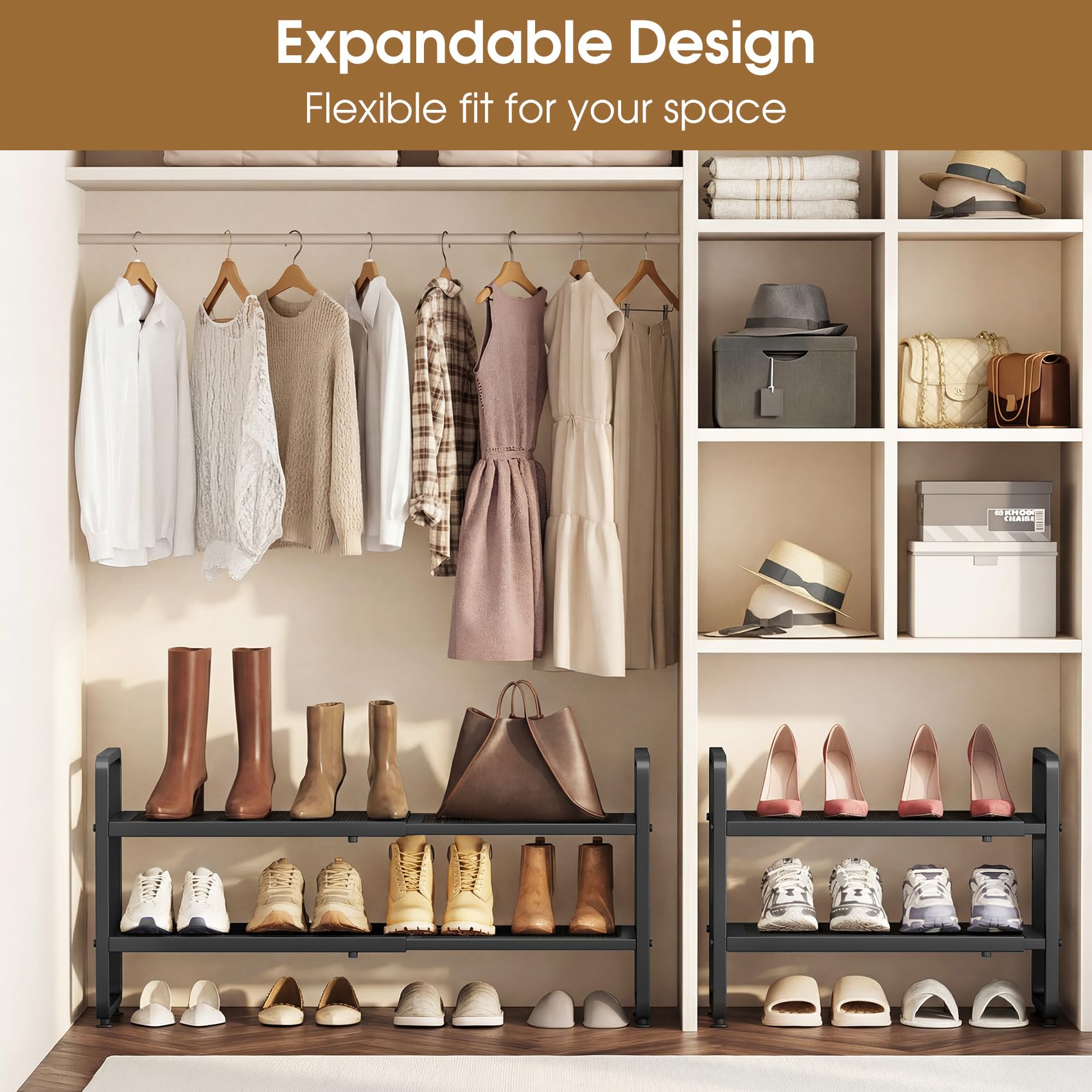 SAYZH rack installed in closet organizing multiple pairs for quick access