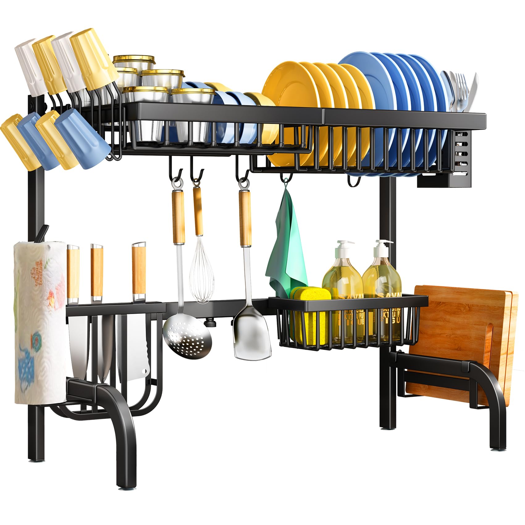 SAYZH rack in use over kitchen sink draining directly for mess-free counters