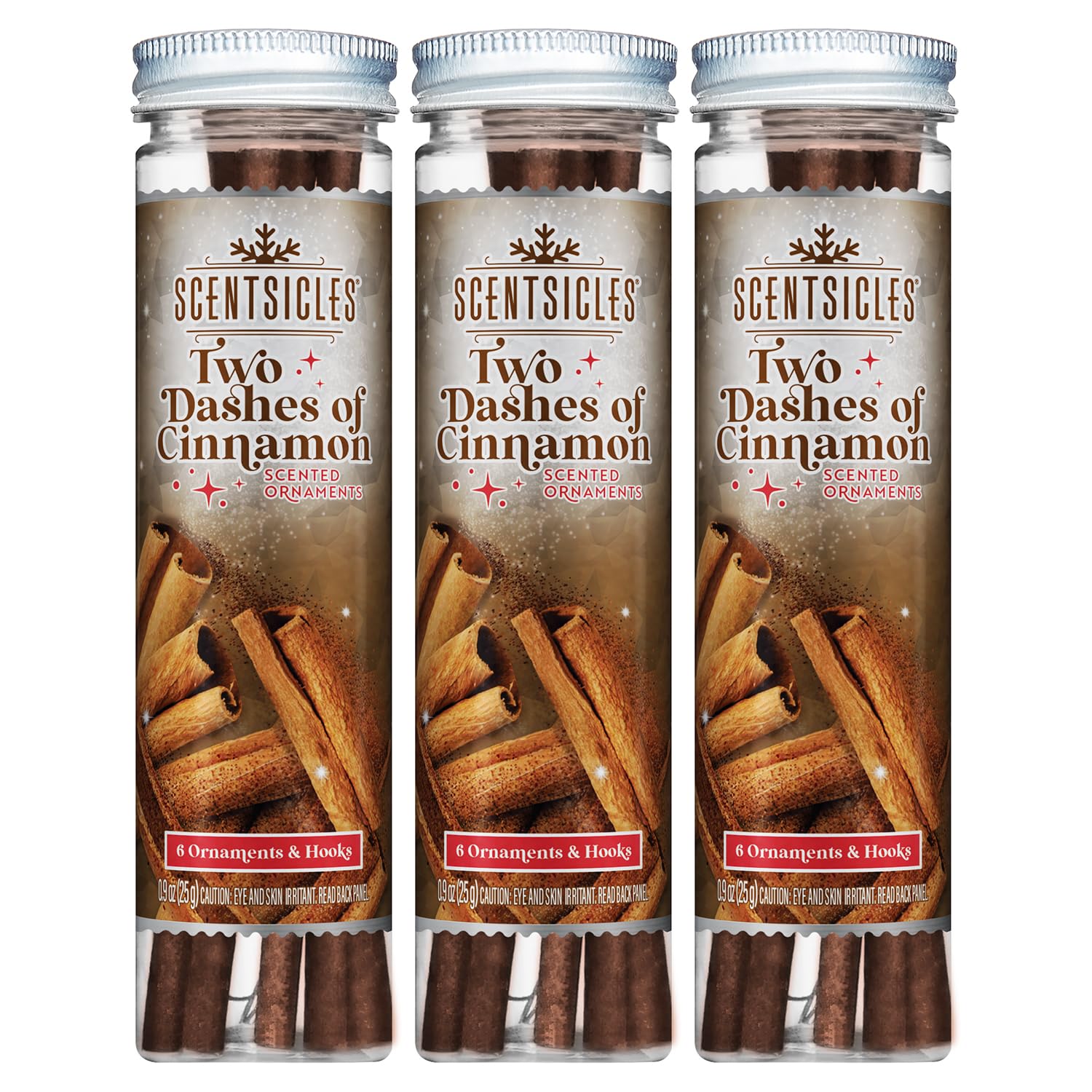 Scentsicles front packaging showing cinnamon scent and included hooks for easy hanging benefit