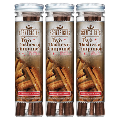 Scentsicles front packaging showing cinnamon scent and included hooks for easy hanging benefit