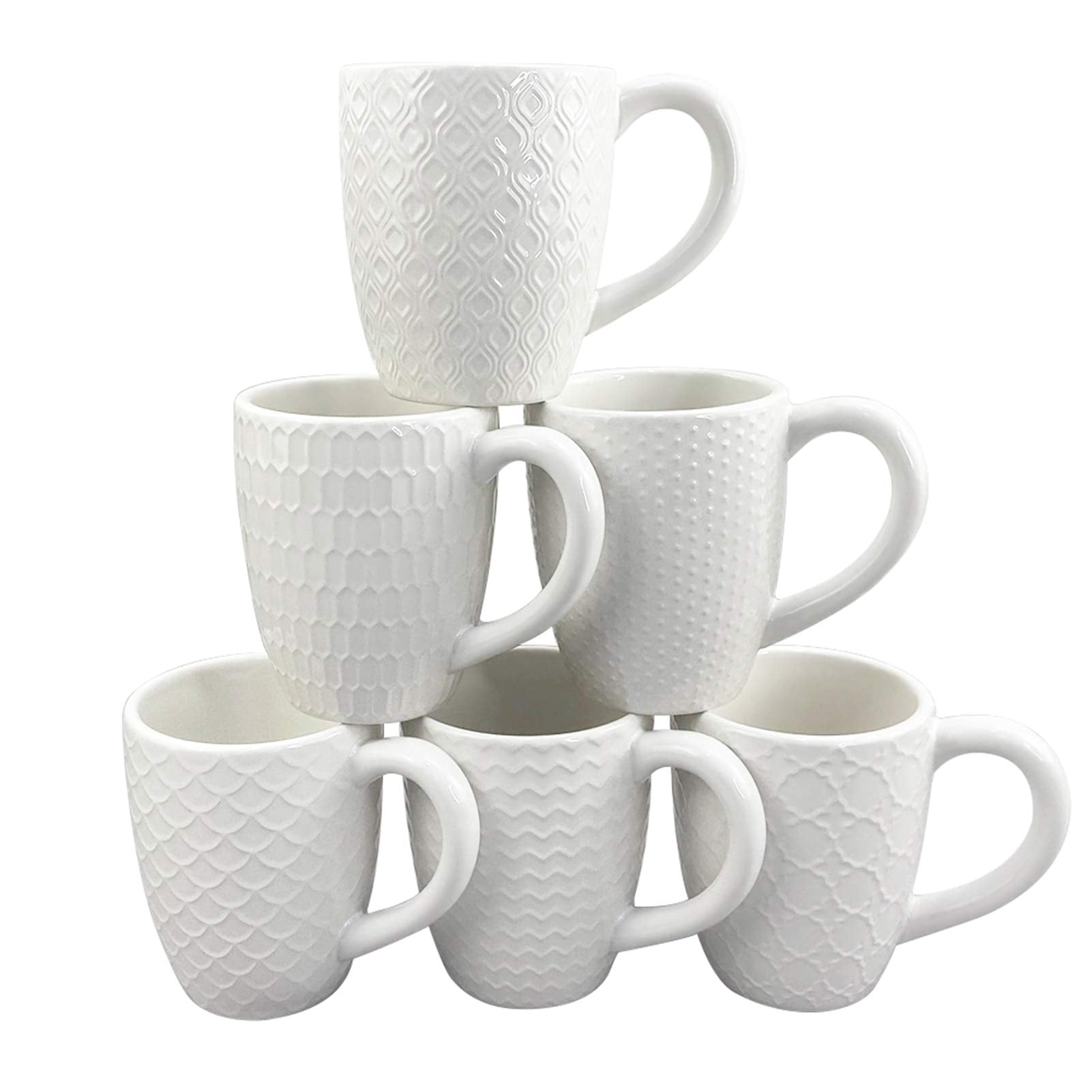 Schliersee front view of six white ceramic mugs showing patterns and cohesive set benefits