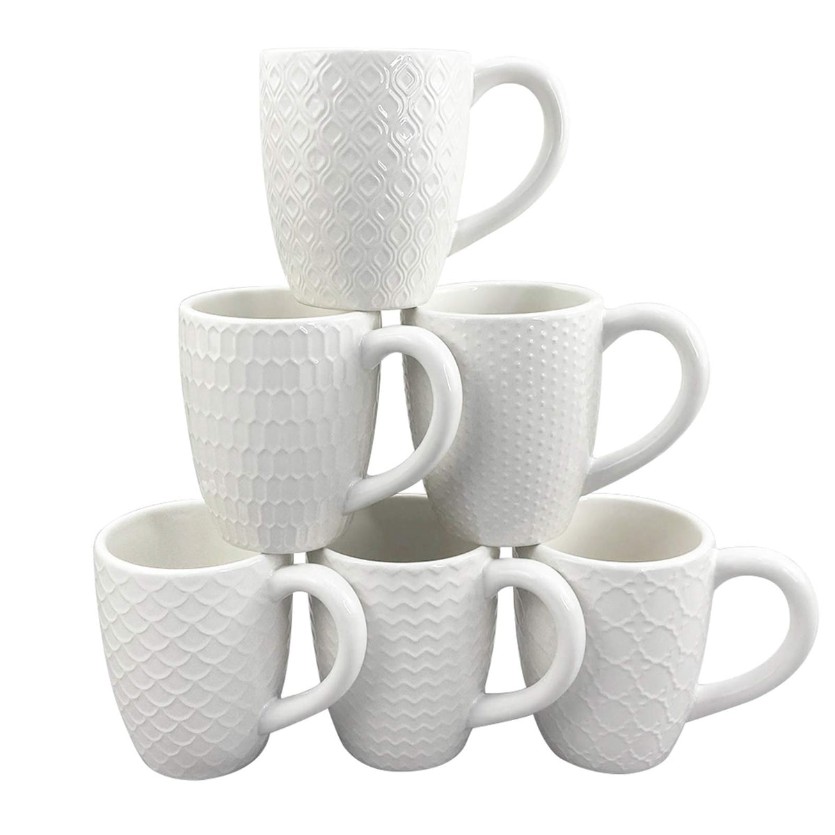Schliersee front view of six white ceramic mugs showing patterns and cohesive set benefits