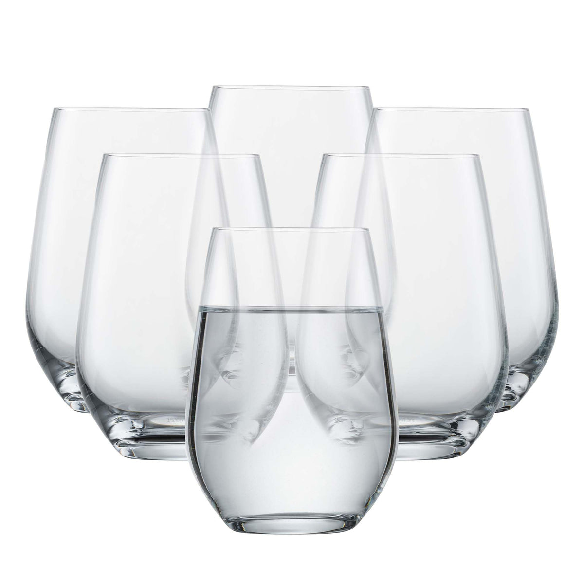 Schott Zwiesel front view of six Forté tumblers showing clear crystal and even height