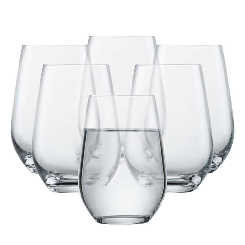 Schott Zwiesel front view of six Forté tumblers showing clear crystal and even height