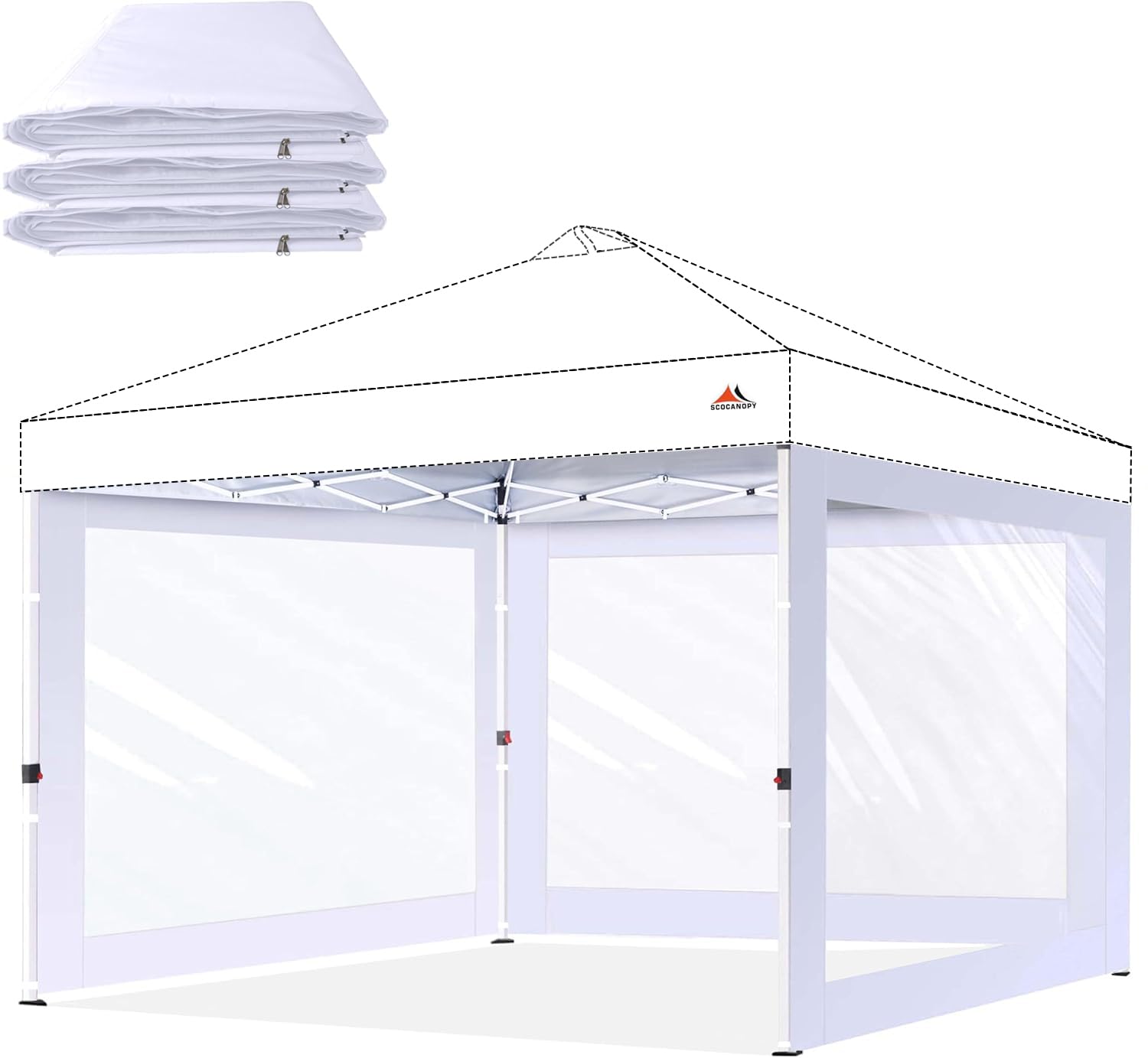 SCOCANOPY front view of three white sunwalls showing neat fit and protection