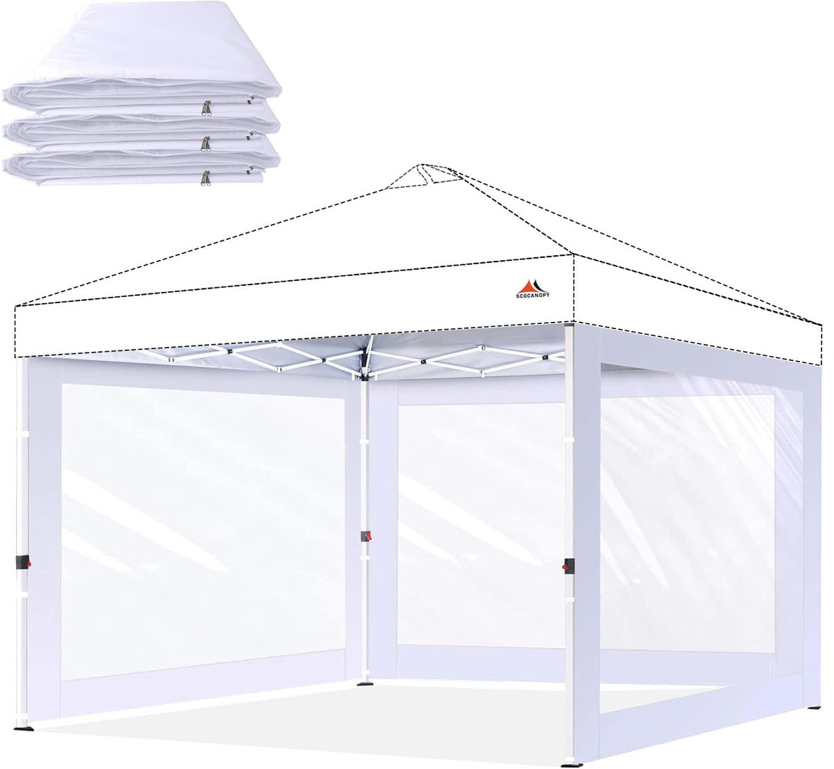 SCOCANOPY front view of three white sunwalls showing neat fit and protection