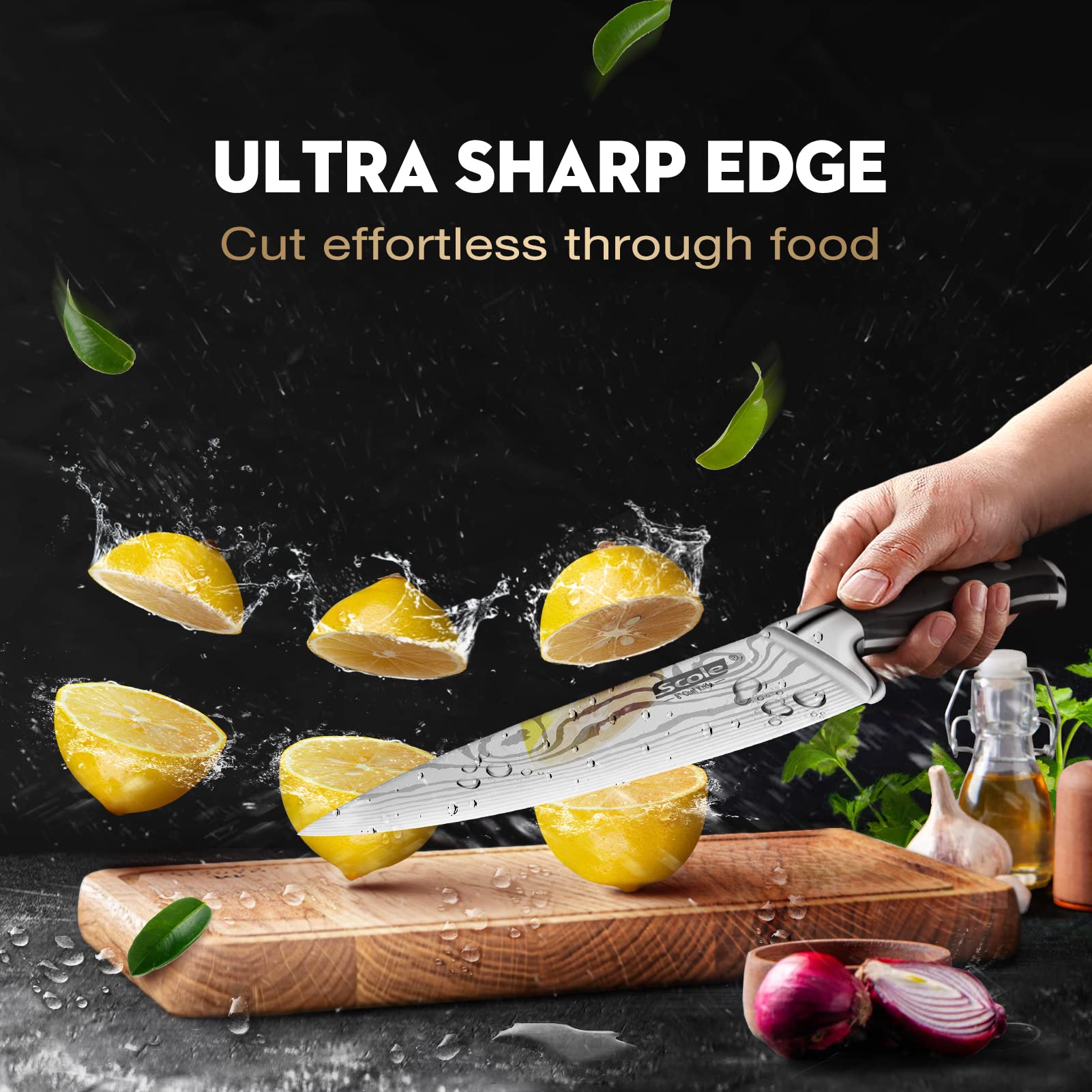 SCOLE closeup of 8-inch chef knife blade highlighting sharp, versatile cutting edge