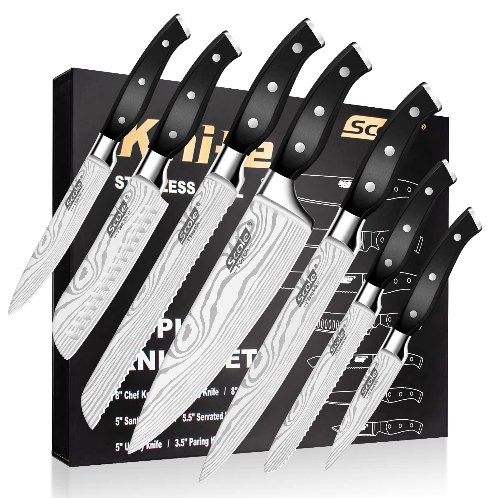SCOLE front packaging of the 7-piece set showing complete contents and presentation
