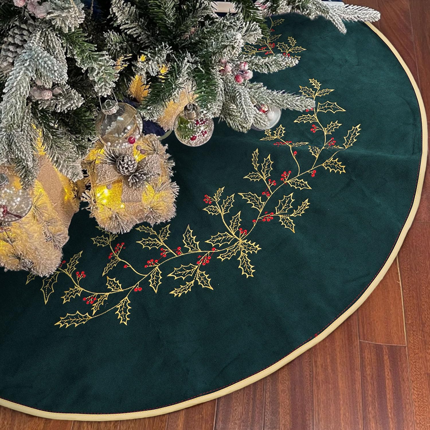 Scritism front view of dark green velvet tree skirt showcasing elegant base