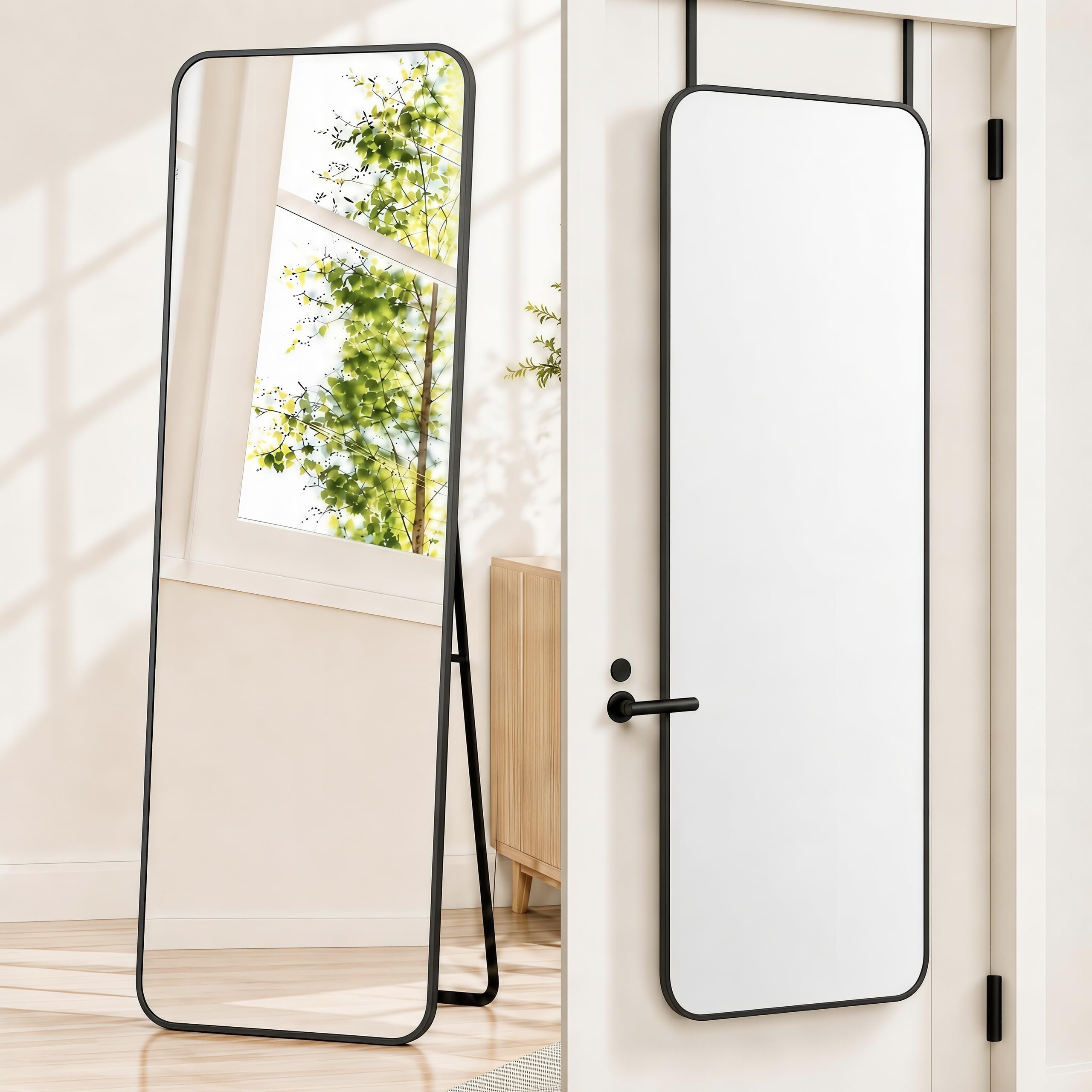SCWF-GZ front view of black full-length mirror showing clear reflection benefit