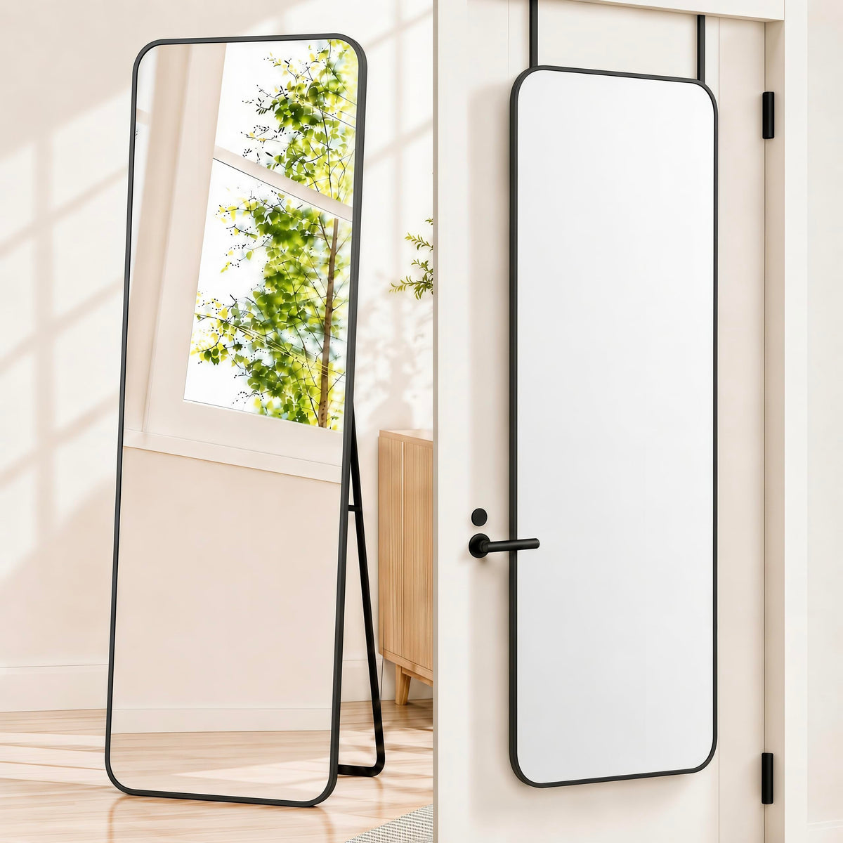 SCWF-GZ front view of black full-length mirror showing clear reflection benefit