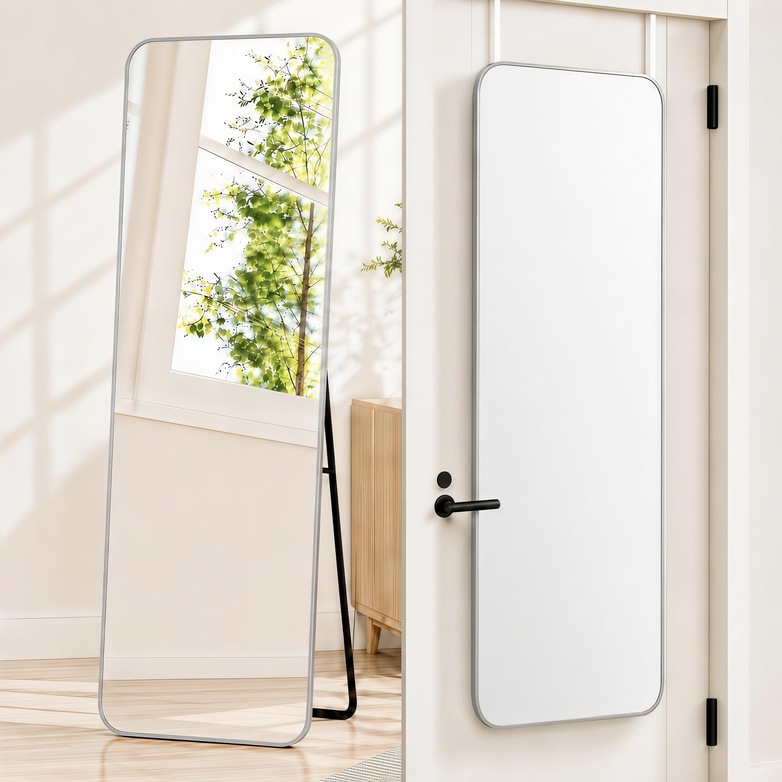 SCWF-GZ front view full-length mirror showing sleek silver frame benefit clear reflection