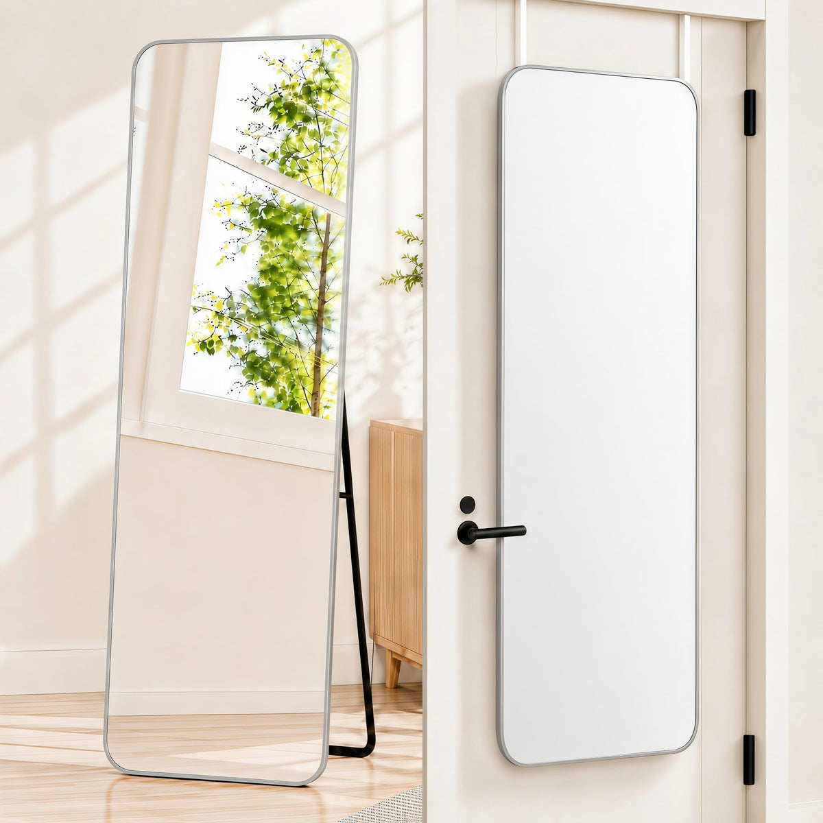 SCWF-GZ front view full-length mirror showing sleek silver frame benefit clear reflection