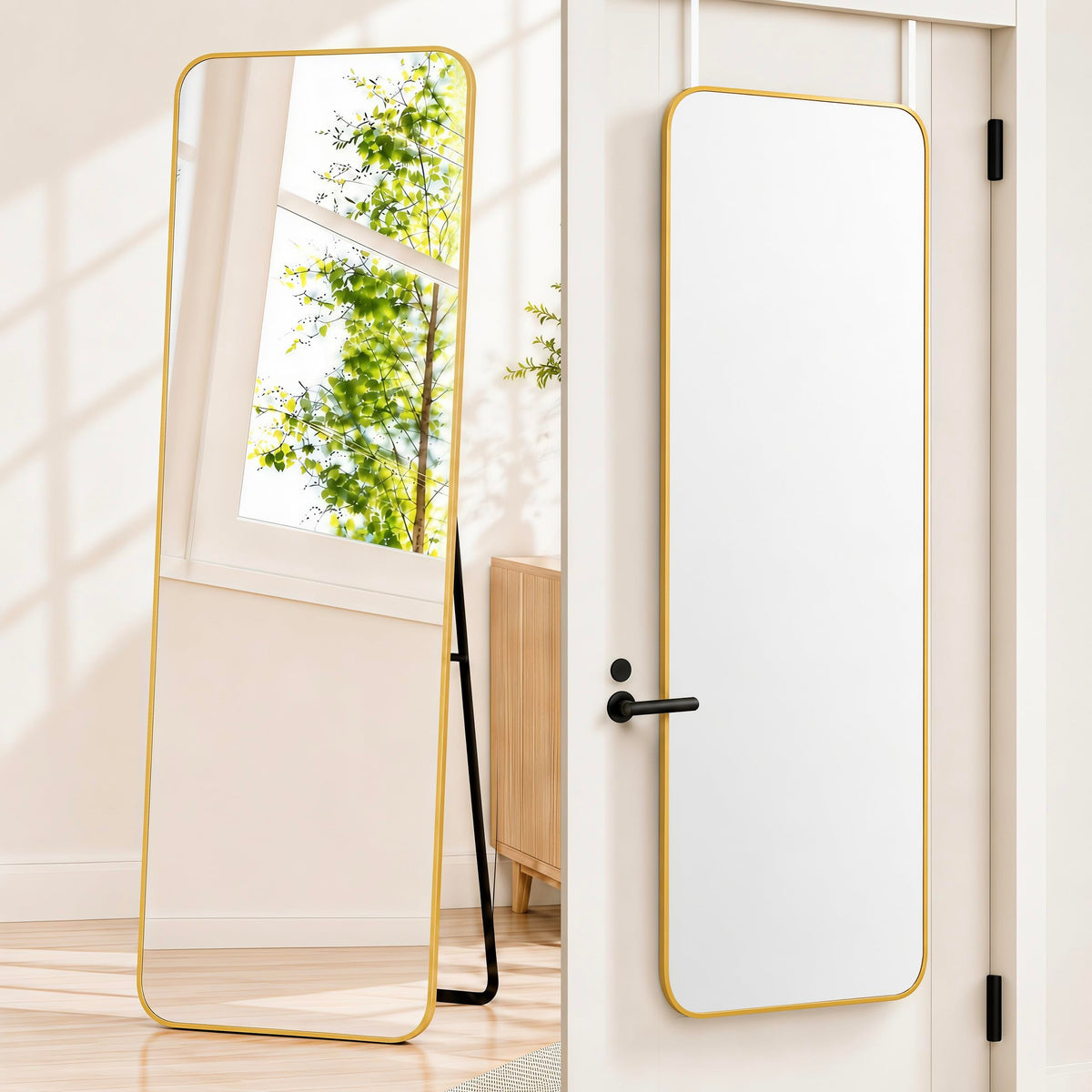 SCWF-GZ gold full-length mirror front view showing clean reflection and style benefit