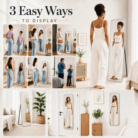 SCWF-GZ freestanding mirror with rear stand showing setup benefit portable placement