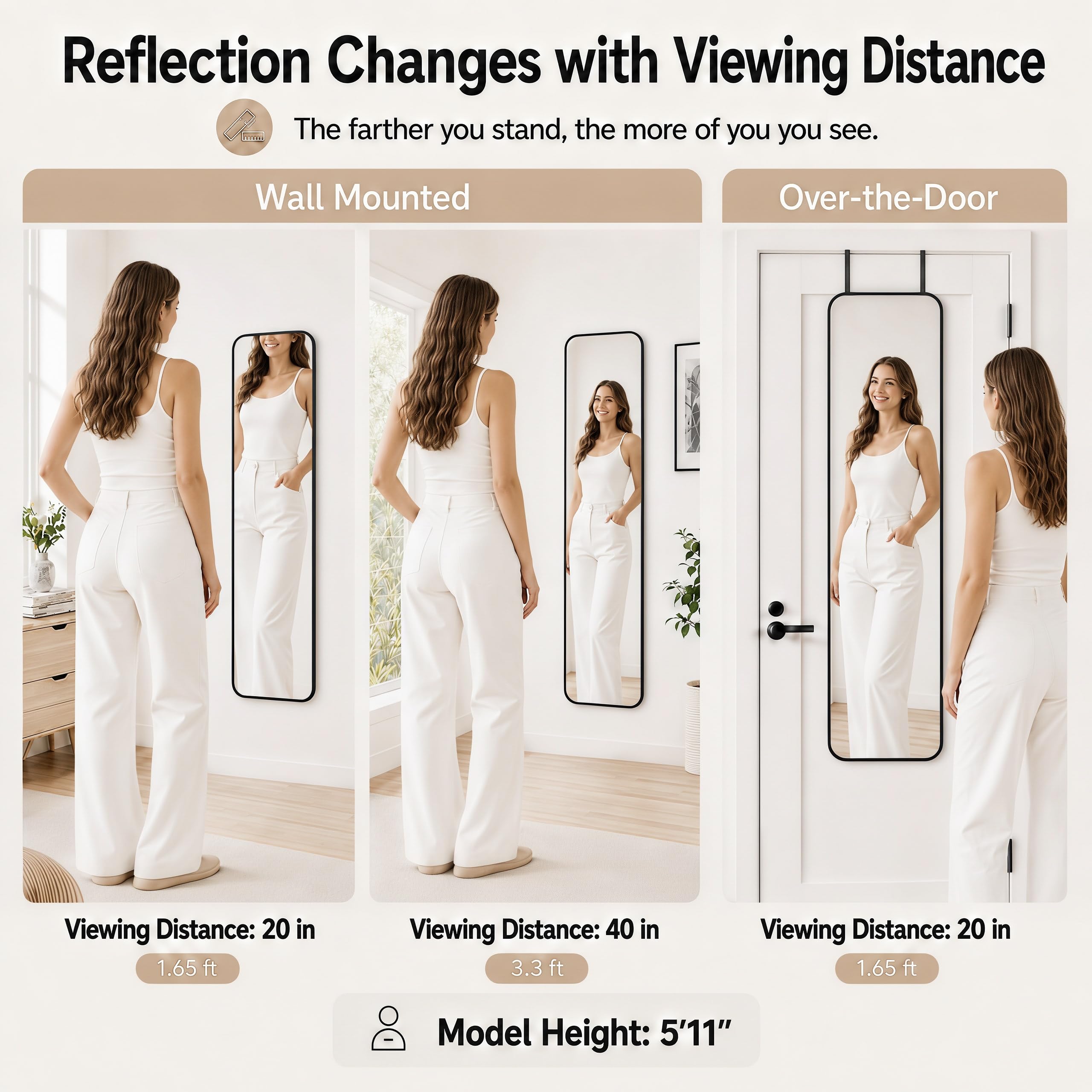 SCWF-GZ mirror hung over a door demonstrating easy install and space saving
