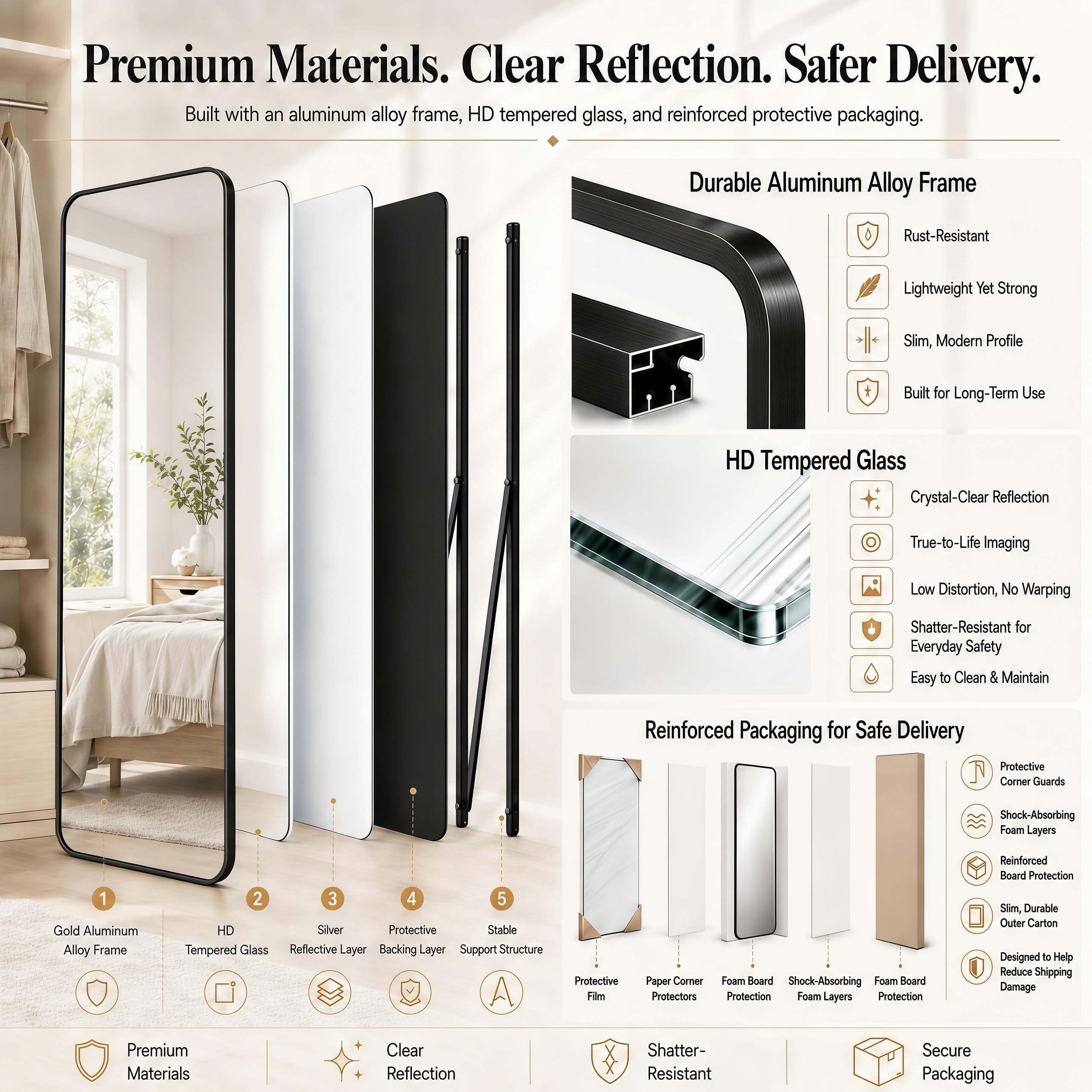 SCWF-GZ mirror packed in protective materials showing safe-shipping benefit