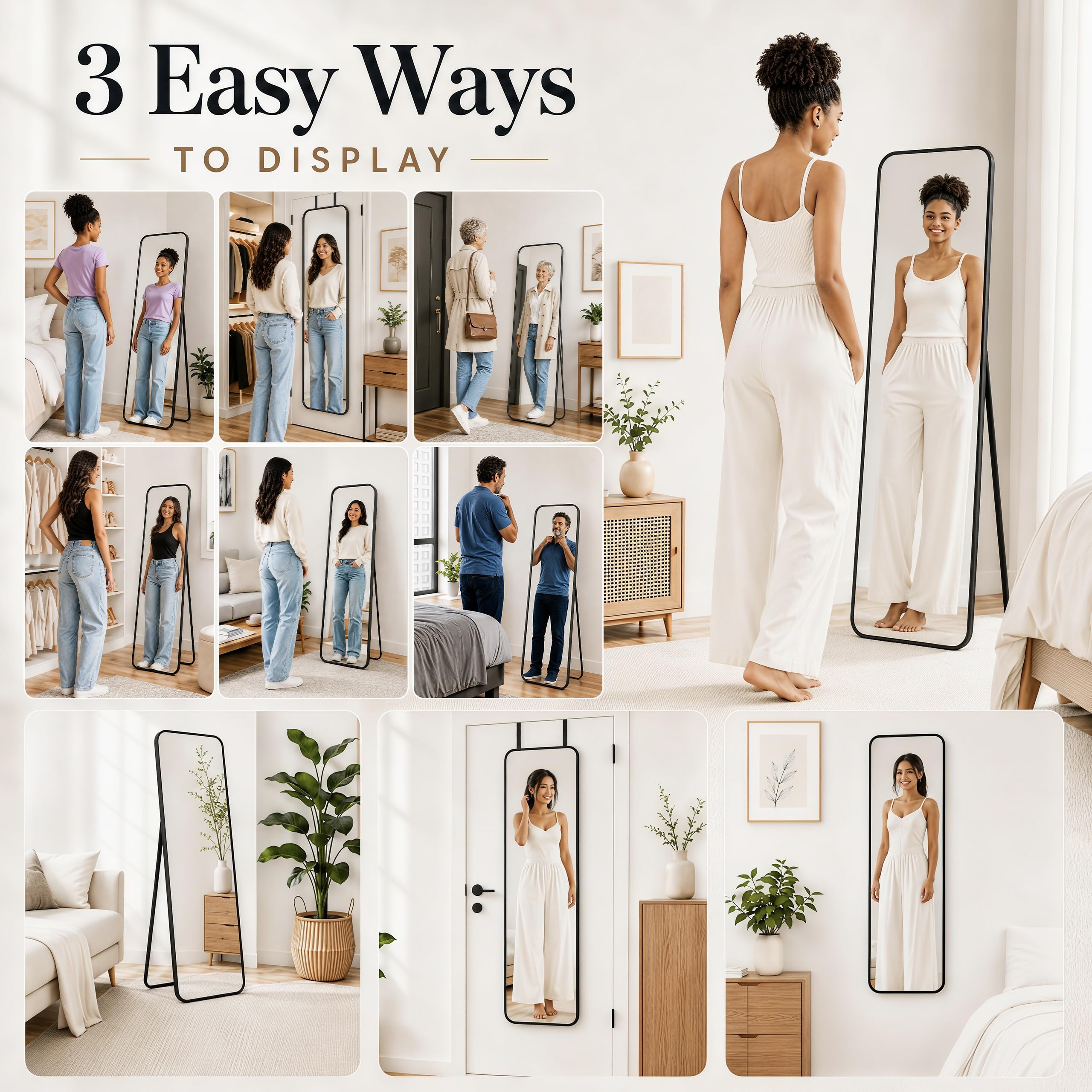 SCWF-GZ mirror with 5'11" model showing true-to-size full-body benefit