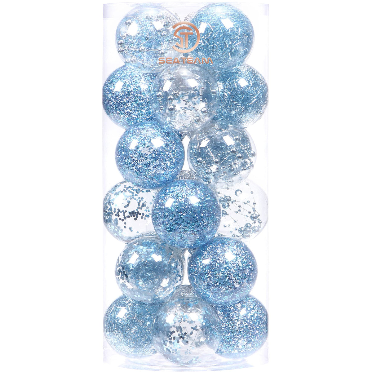 Sea Team front packaging showing 24 baby-blue clear ornaments and benefit of coordinated set
