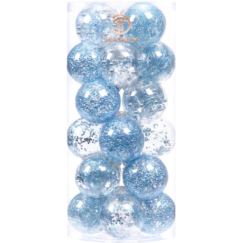 Sea Team front packaging showing 24 baby-blue clear ornaments and benefit of coordinated set