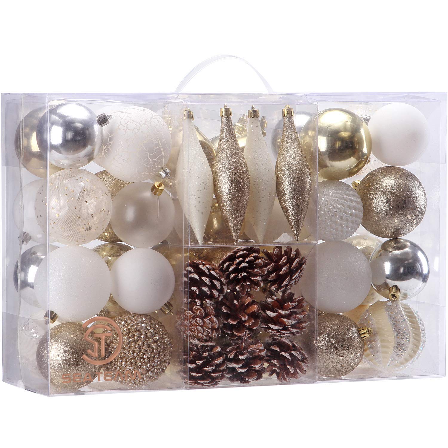 Sea Team front packaging showing 73-piece gold and white assortment benefits durability