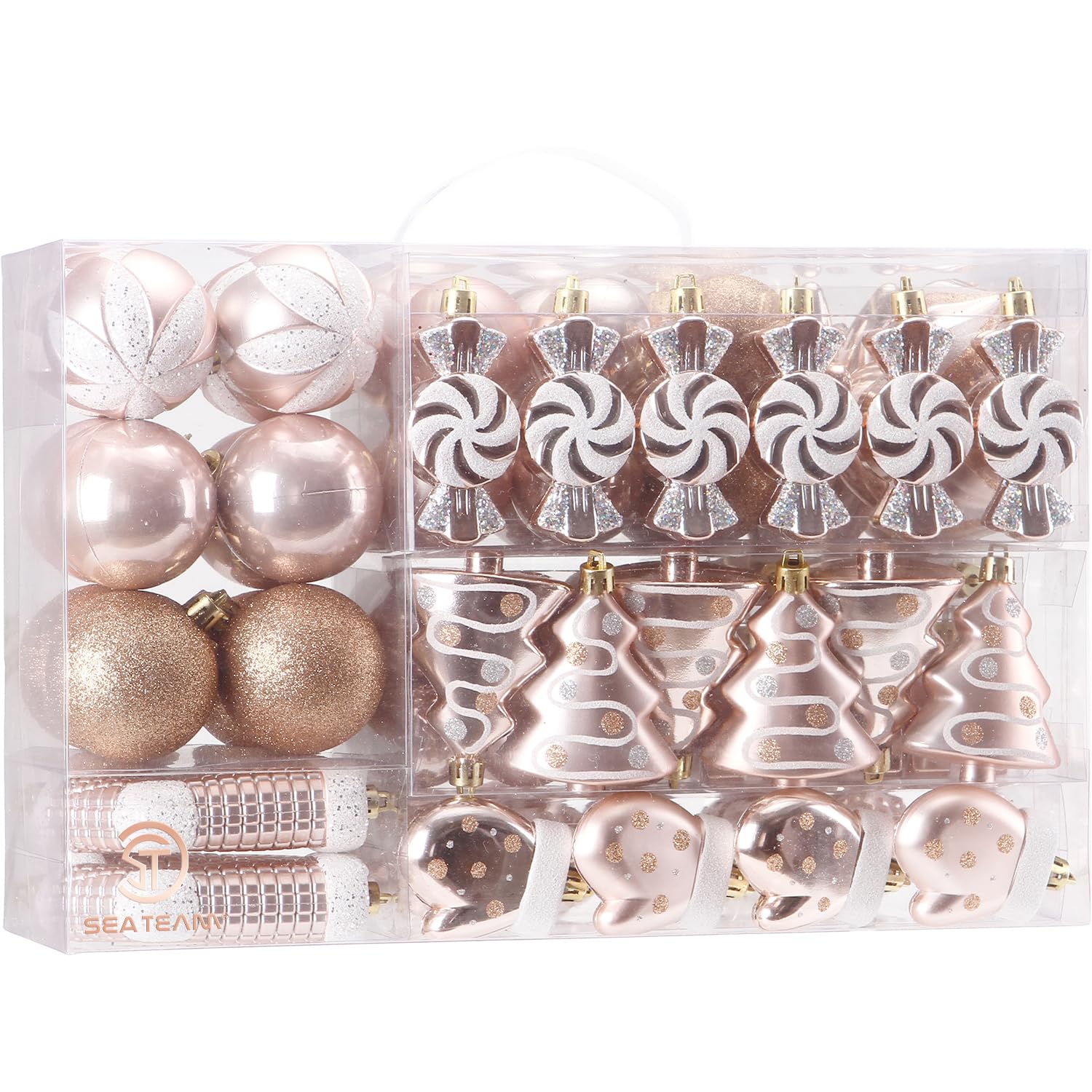 Sea Team front packaging showing 77-piece rose gold ornament set and convenience