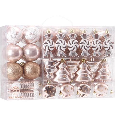 Sea Team front packaging showing 77-piece rose gold ornament set and convenience