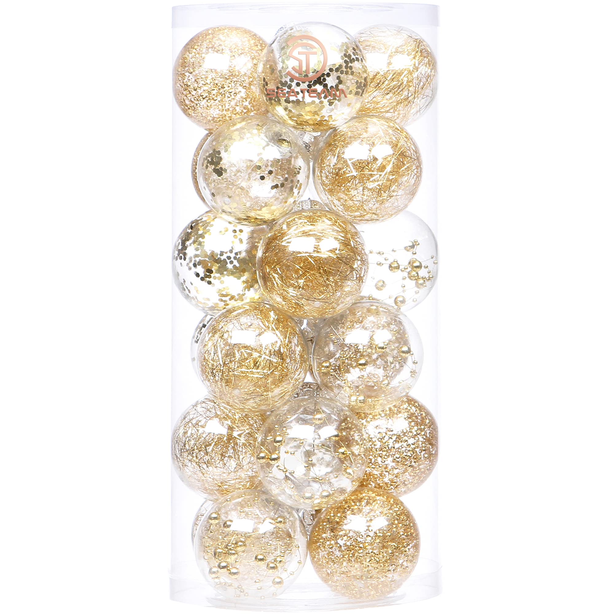 Sea Team front packaging showing 24 clear gold-filled ornaments and ready-to-hang ribbons for convenience