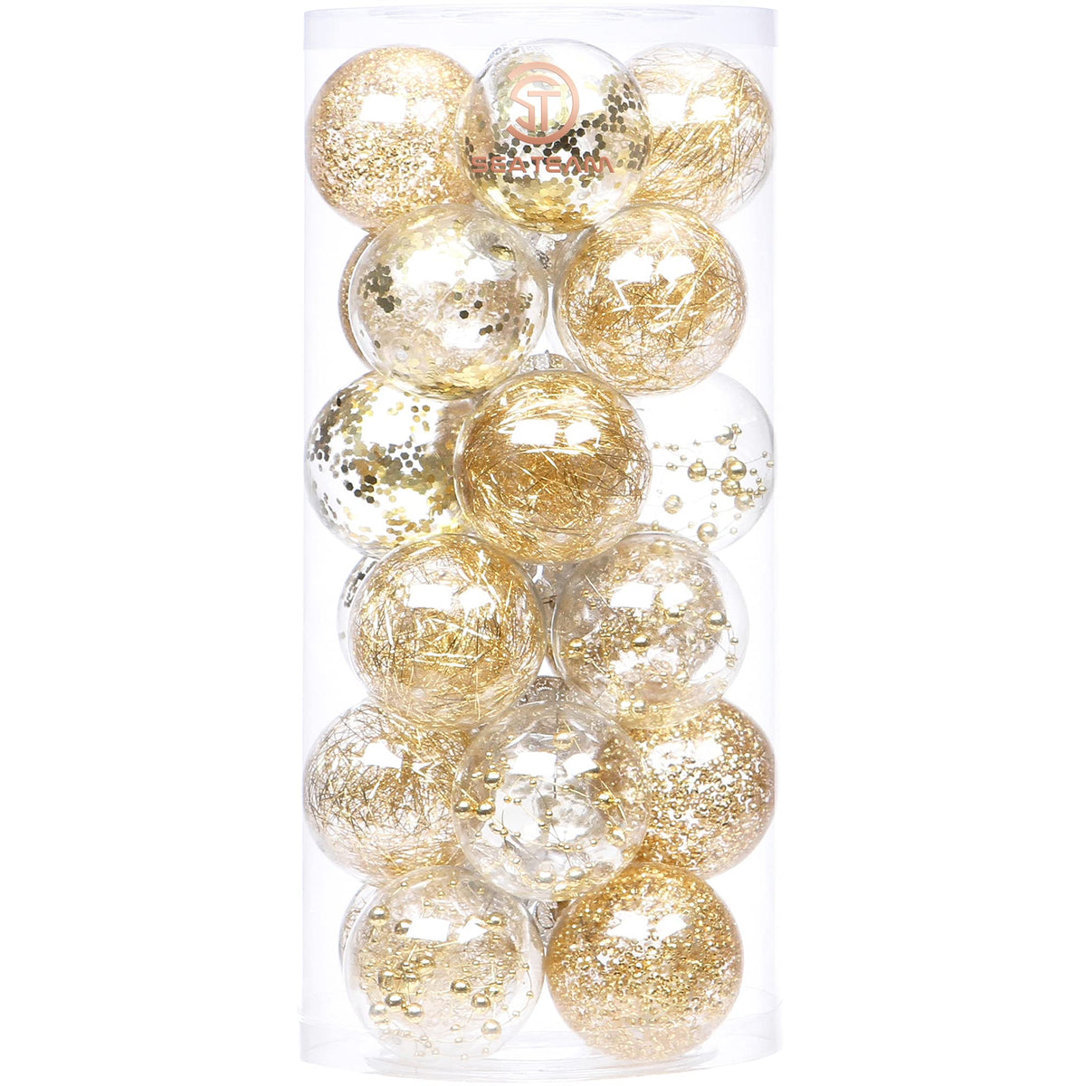 Sea Team front packaging showing 24 clear gold-filled ornaments and ready-to-hang ribbons for convenience