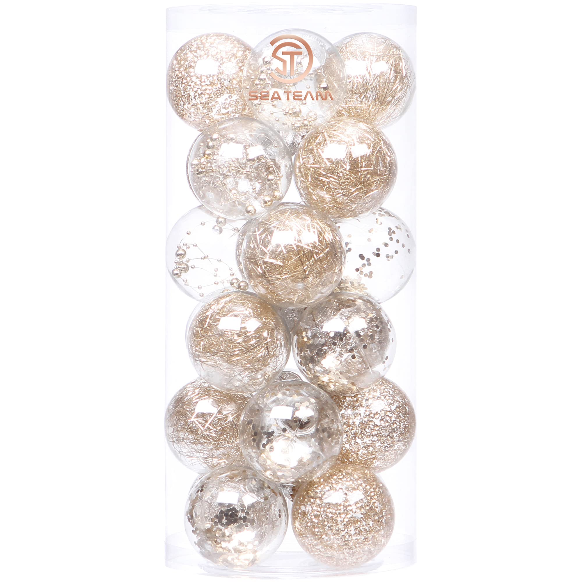 Sea Team front view of clear champagne ornaments showing cohesive set benefit