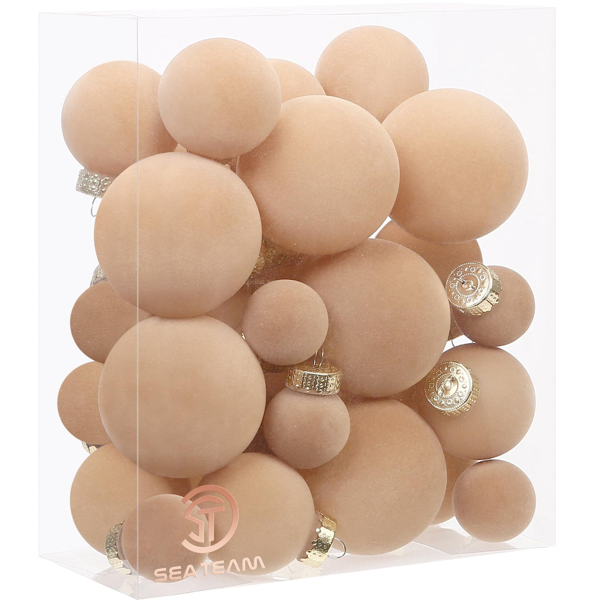 Sea Team front view of 32-pack beige ornaments showing full set and packaging for quick decorating