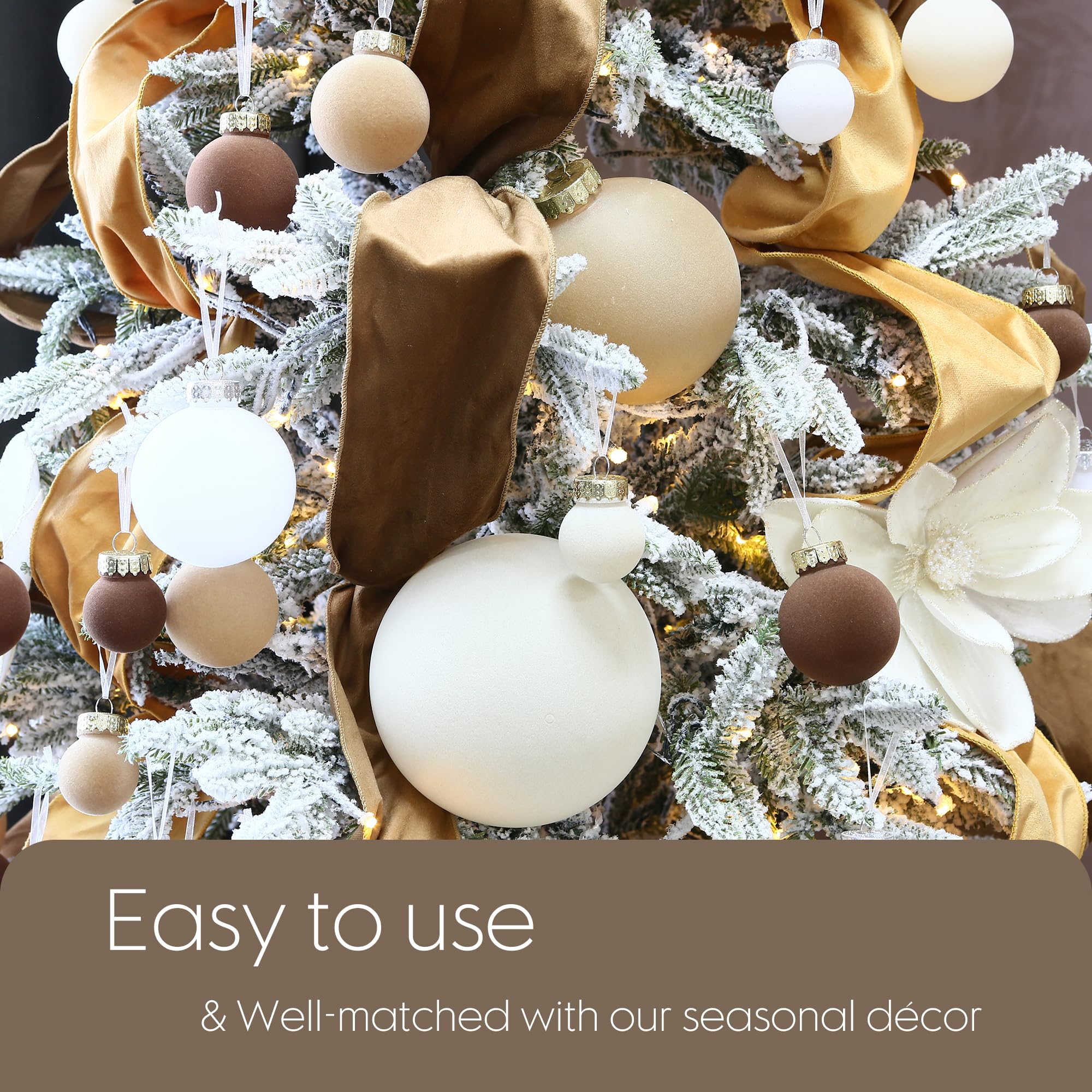 Sea Team ornaments hung on a living room tree creating cohesive neutral holiday styling