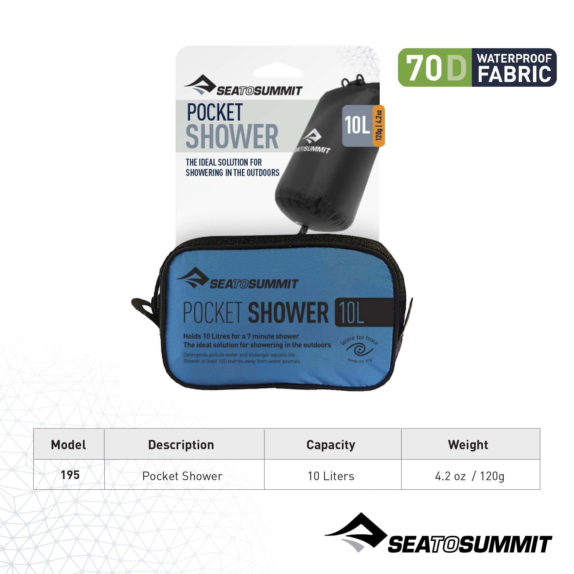 Sea to Summit shower packed in its pouch showing lightweight carry and space-saving