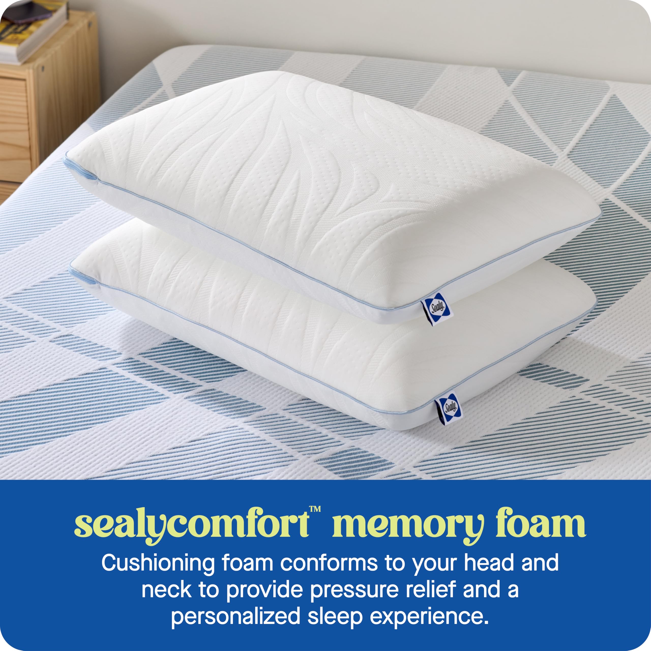 Sealy Dreamlife queen pillow on mattress for scale and fit benefit