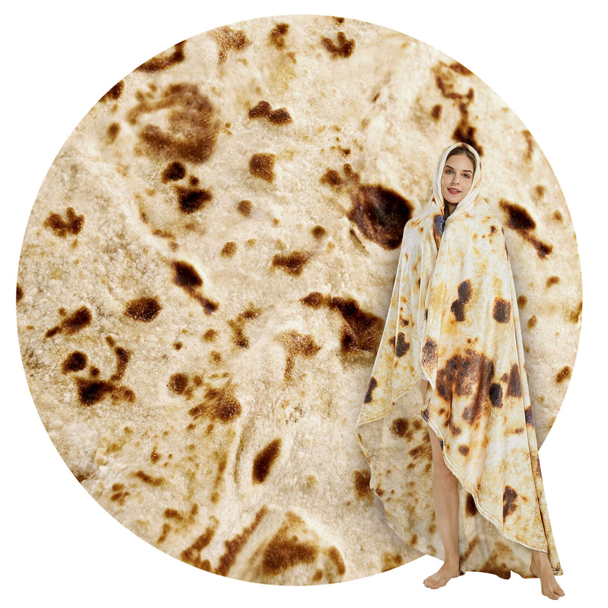SeaRoomy burrito blanket front view showing realistic tortilla print and cozy look