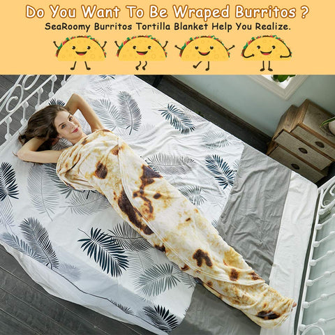 SeaRoomy burrito blanket laid flat with measurements showing available sizes