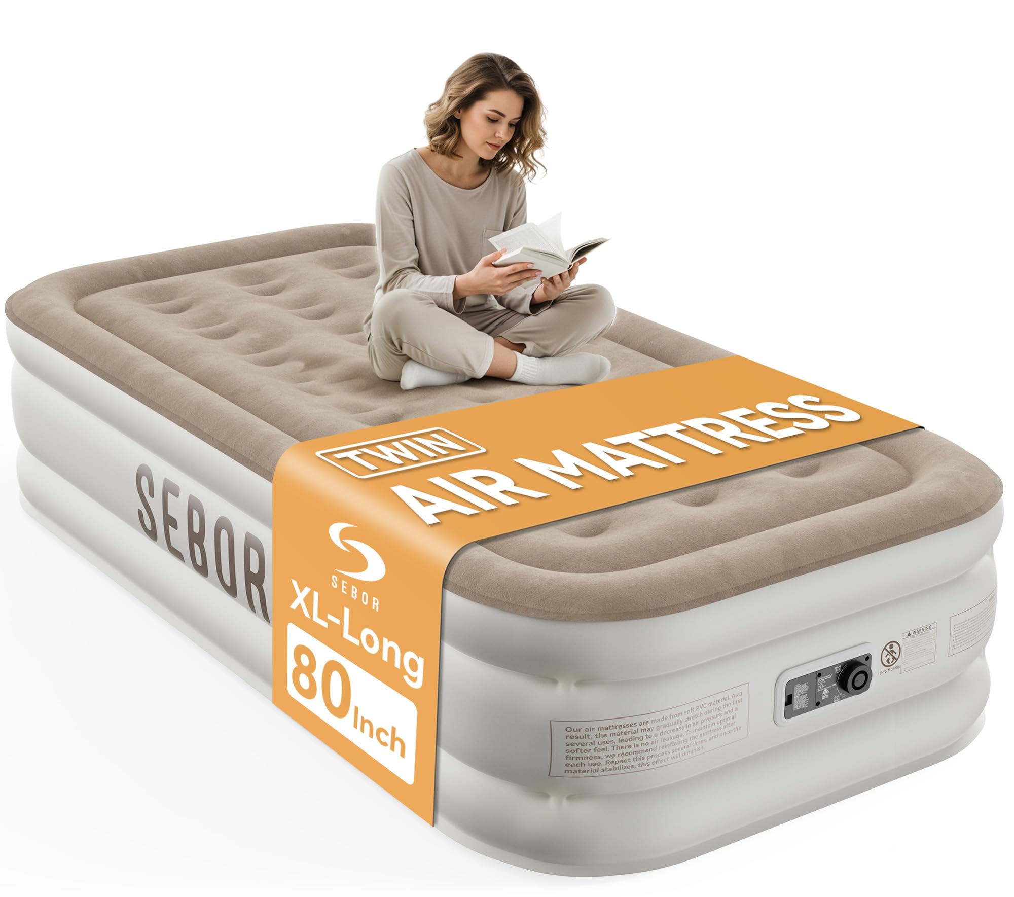 Sebor front view of inflated twin XL mattress showing height and neat finish for comfortable sleep