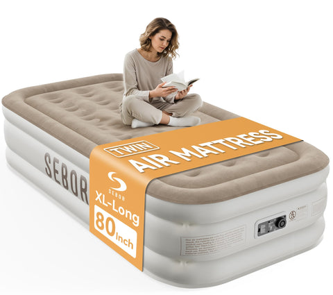 Sebor front view of inflated twin XL mattress showing height and neat finish for comfortable sleep