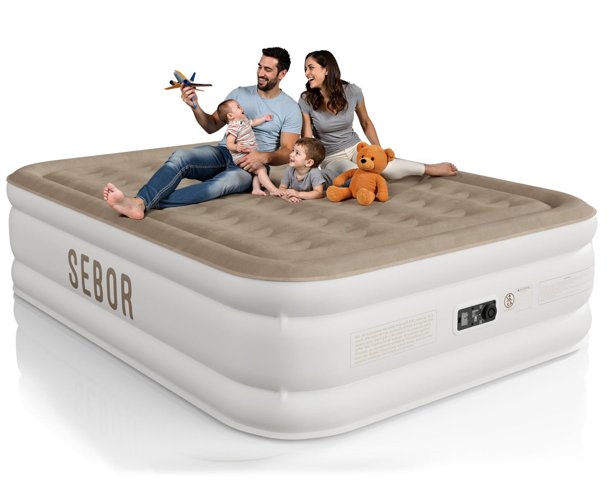 Sebor front view of queen air mattress showing plush top and overall shape for comfort