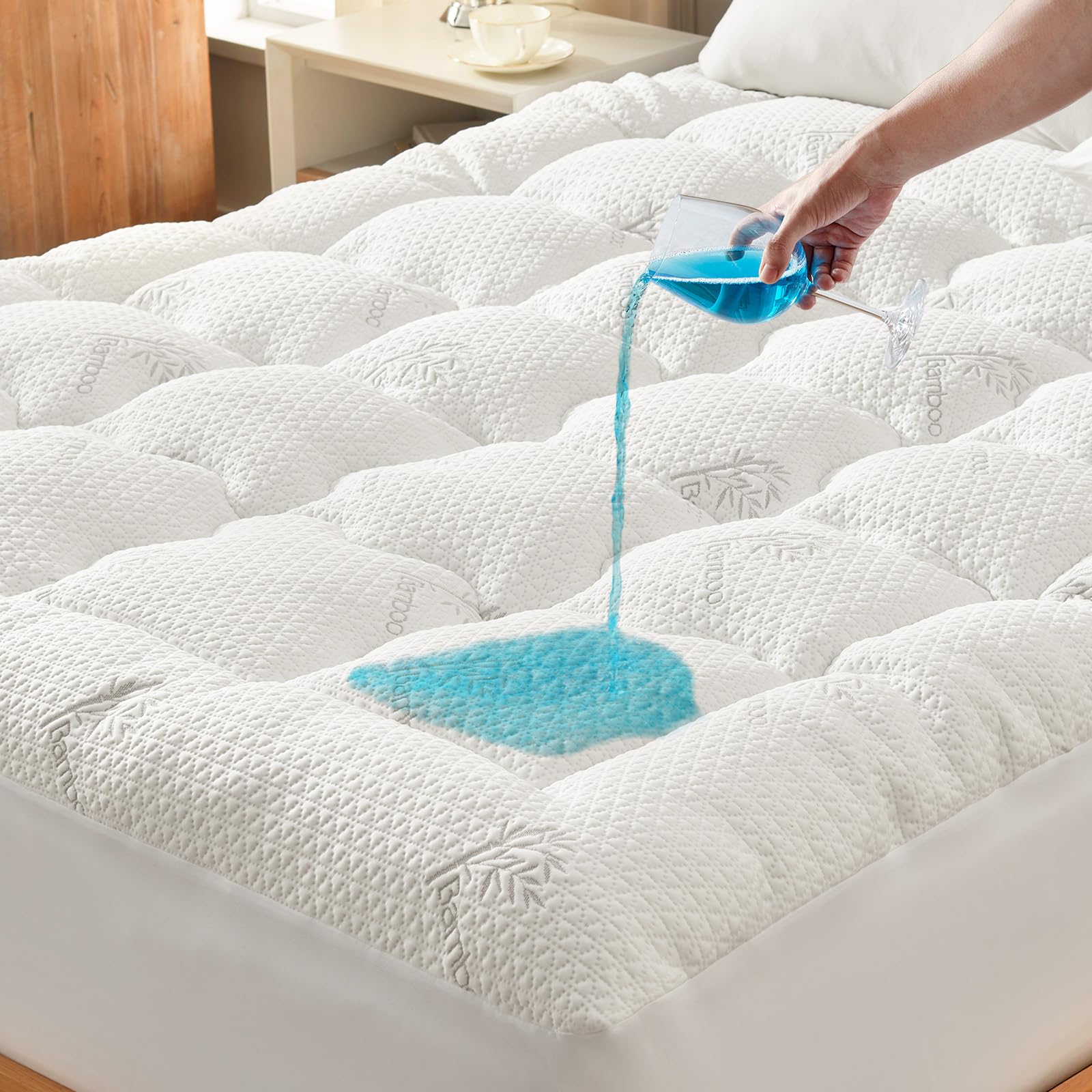 Secgo front view showing topper packaged and ready to protect mattress